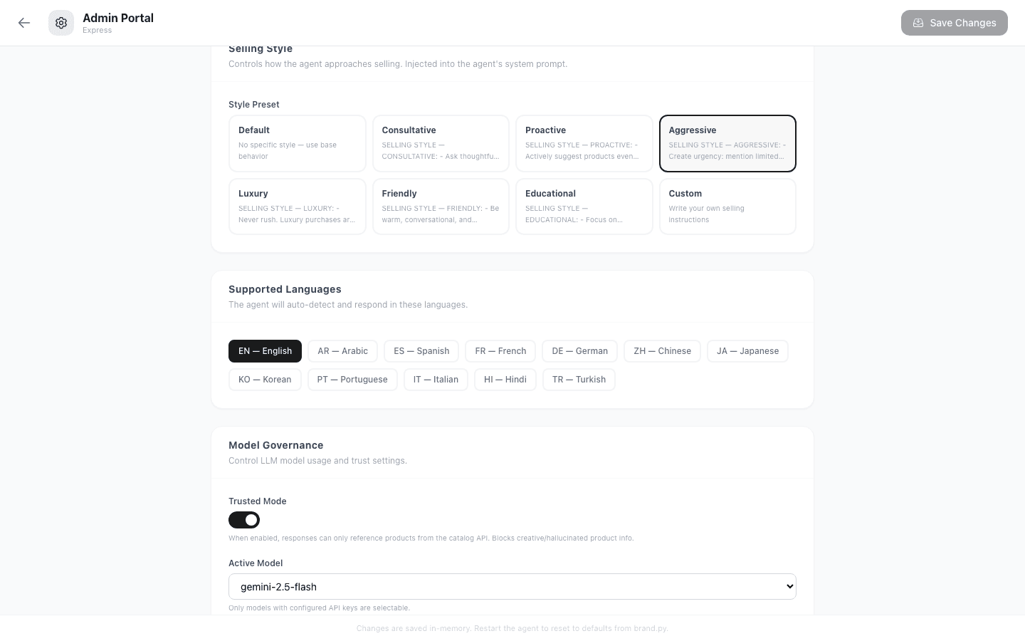 Cartivo admin — live model switching